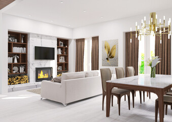 Modern light interior. 3D visualization. Living room, kitchen and dining room