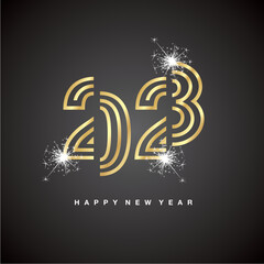 New Year 2023 modern black cut of design golden triple line design typography sign logo icon shiny sparkle firework black background greeting card