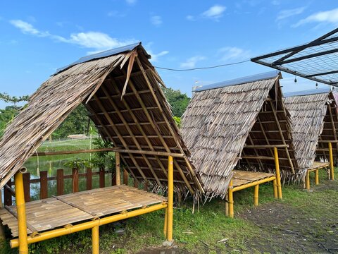 Bamboo hut in a park for recreational purpose. People usually chill there.