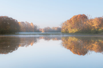 Naklejka na ściany i meble autumn trees reflected in water