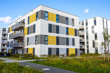 Housing development area with modern apartment buildings seen in Berlin, Germany