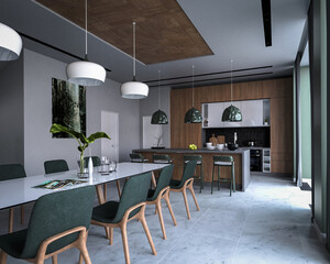 Modern light interior. 3D visualization. Living room, kitchen and dining room