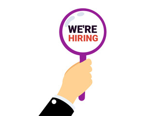 We are hiring background with magnifying glass, job vacancy concept flat vector illustration.