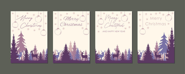set of artistic christmas forest landscape with deers, collection of purple and pink printable holiday greeting card templates, tags, social media stories