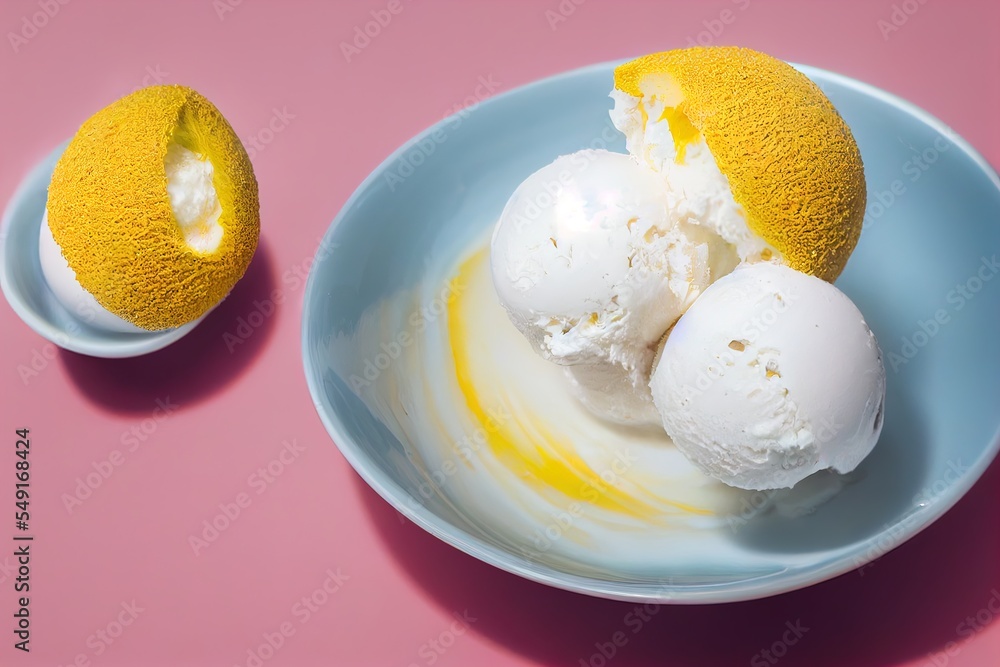 Poster a bowl of ice cream with two oranges on a pink surface next to it generative ai