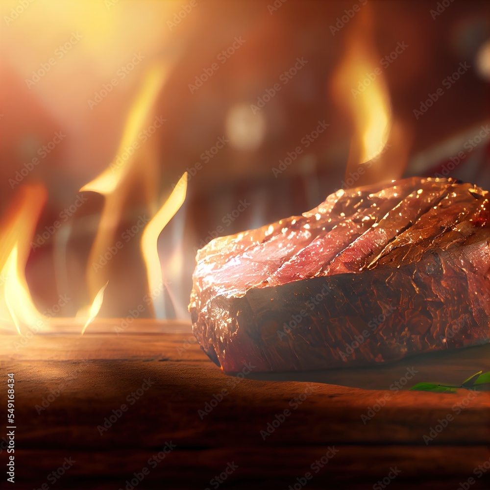 Poster a steak steak on a wooden table with flames in the background and a blurry image of a steak steak on