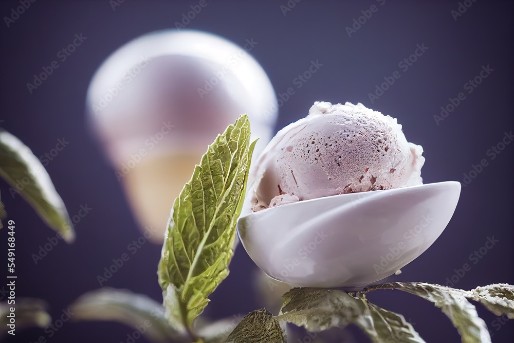 Poster a scoop of ice cream sits in a bowl on a branch with leaves and a light bulb in the background gener