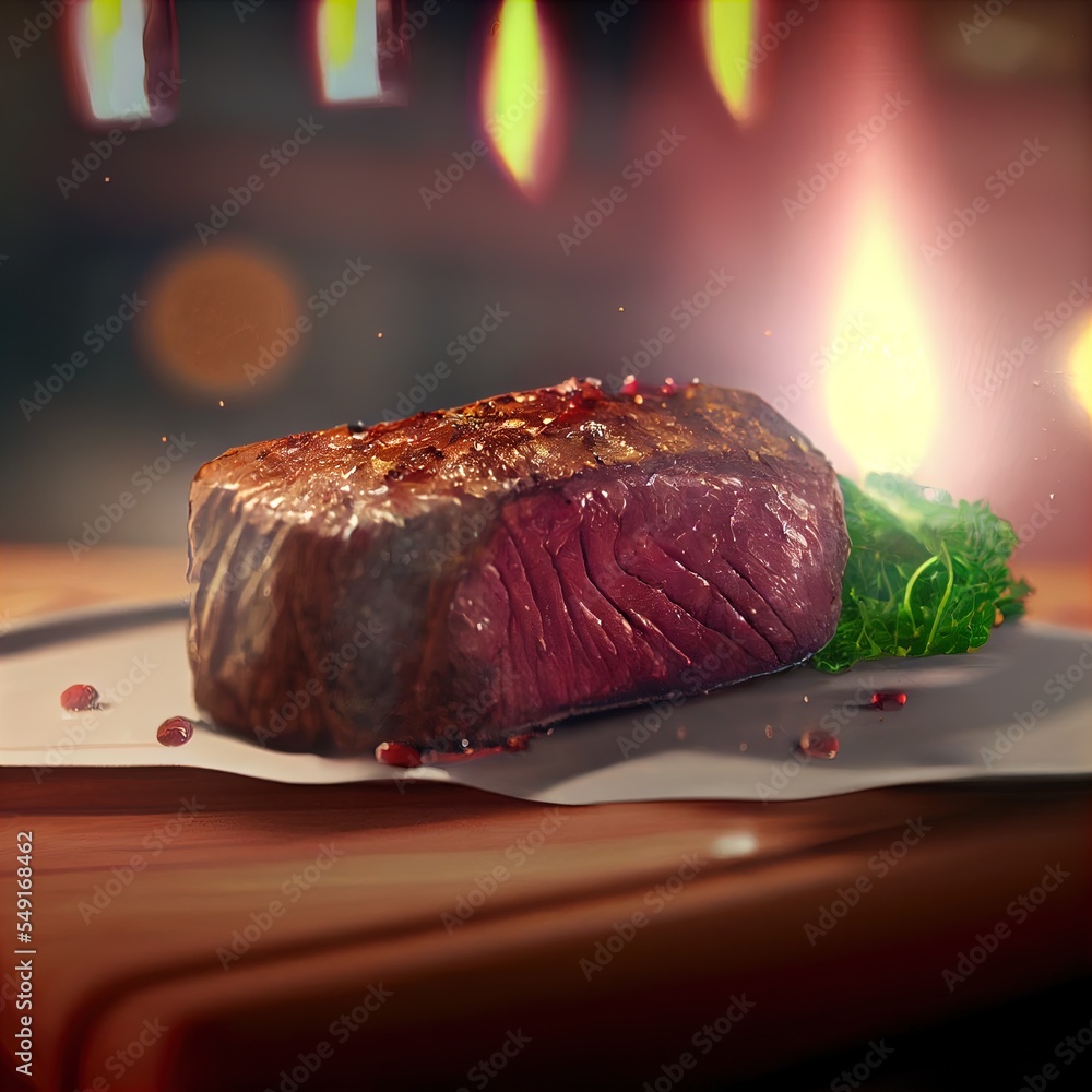 Poster a piece of meat on a plate with a green leaf on it and a candle in the background with lights genera