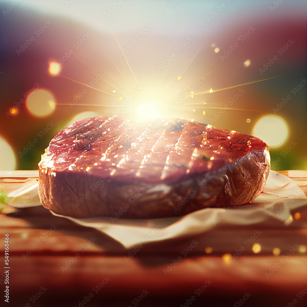 Poster a steak steak on a piece of paper on a table with a bright light coming from behind it and a piece o