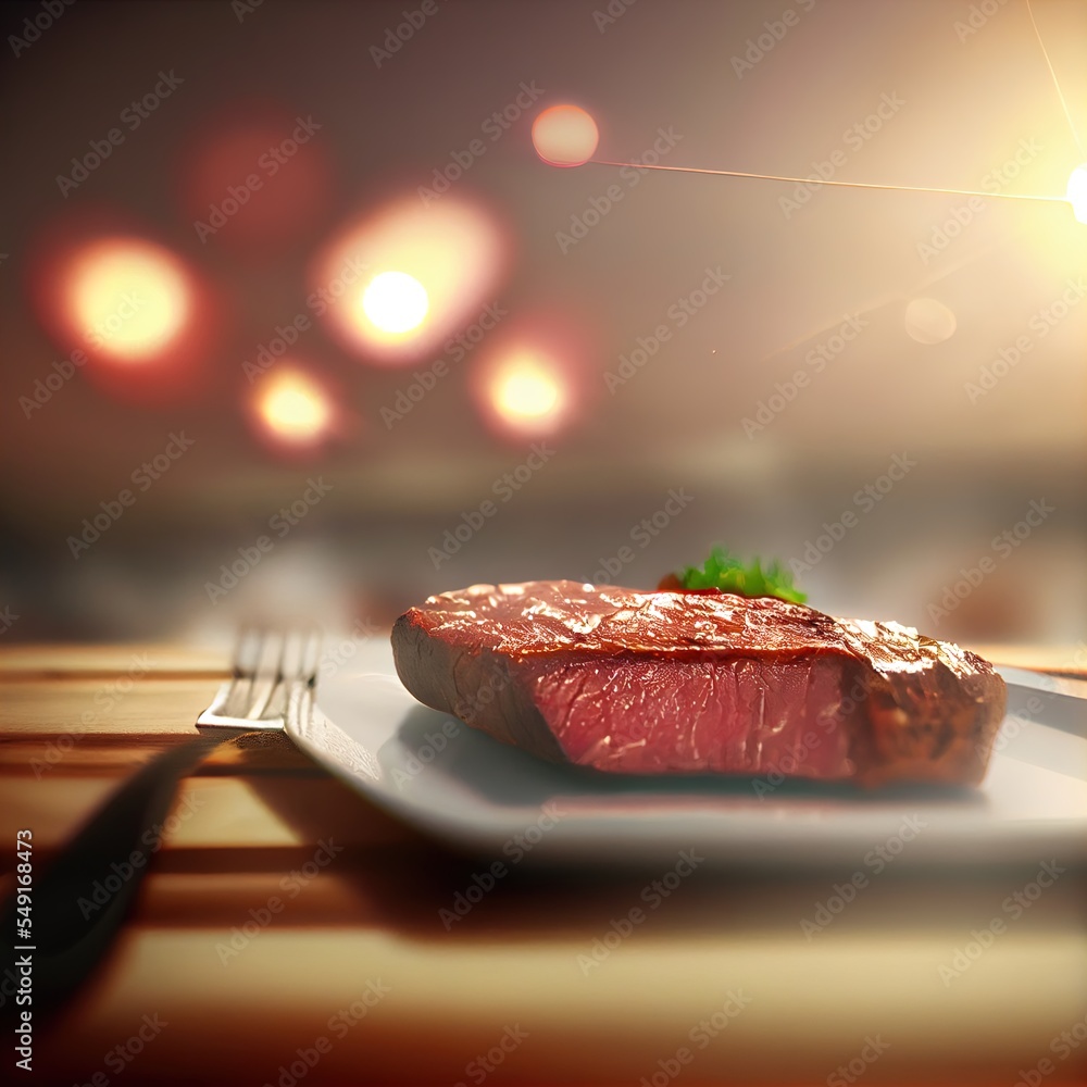 Poster a piece of steak on a plate with a fork and knife on a table with a blurry background generative ai