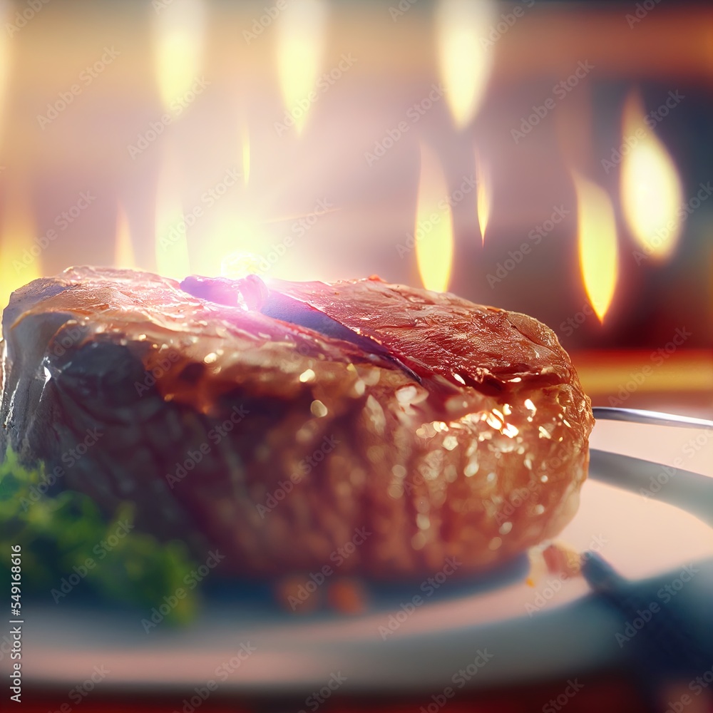 Poster  a steak on a plate with a fork and knife on a table with a lit candle in the background Generative AI