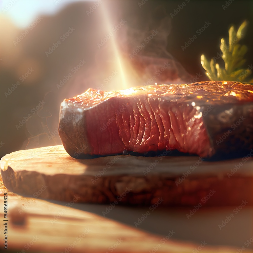 Aufkleber a steak steak on a cutting board with a knife and fork in it's hand generative ai