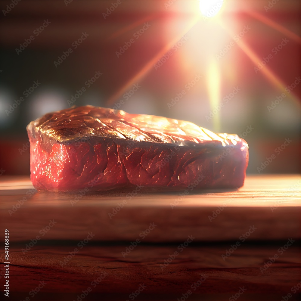 Poster a steak steak on a wooden table with a bright light shining on it's side and a red background genera