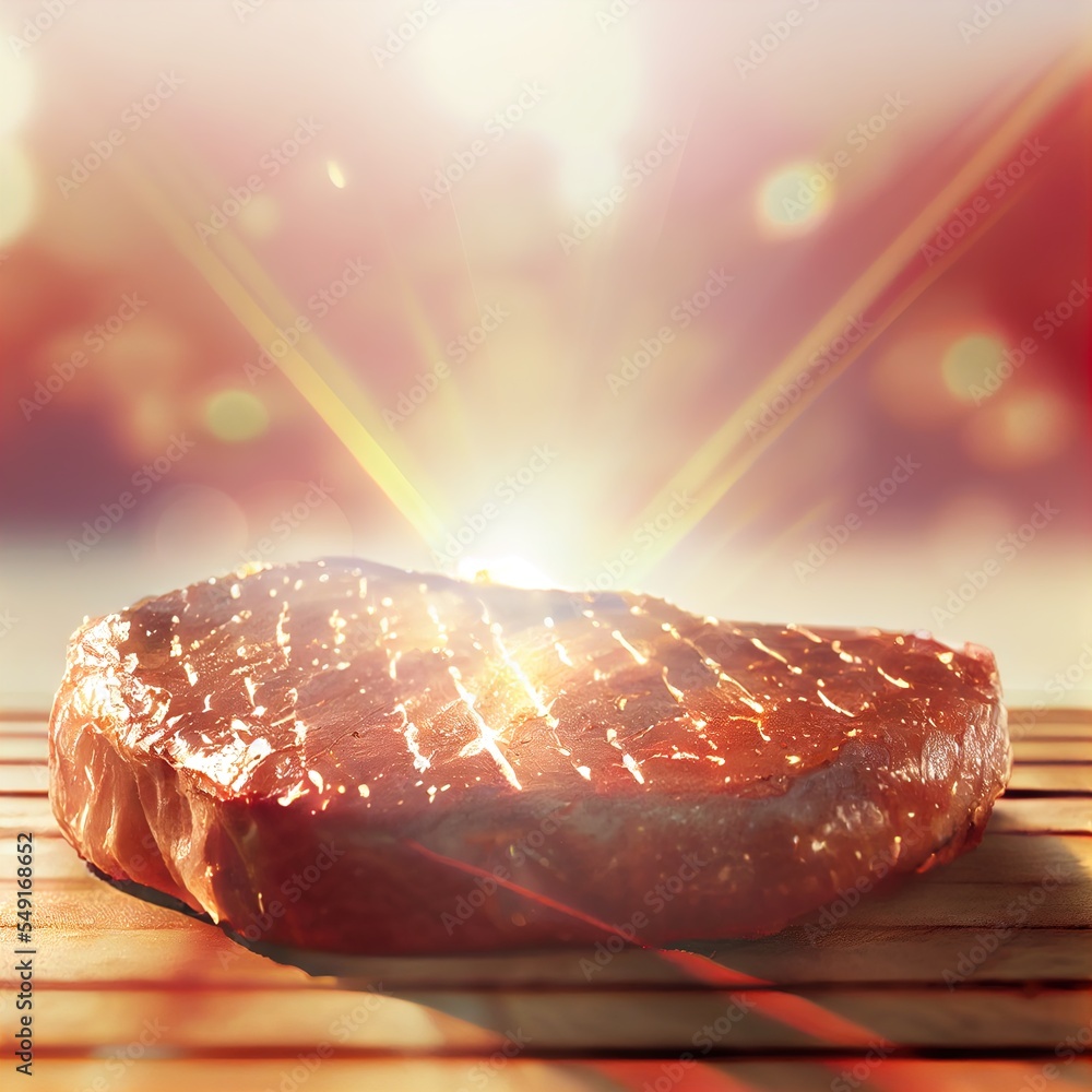 Poster a steak steak on a wooden table with a bright background and a blurry image of the steak steak gener