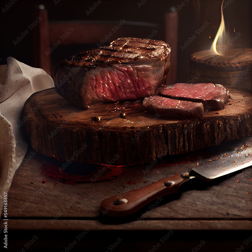 Poster a steak steak on a cutting board with a knife and a napkin on a table next to it and a candle genera
