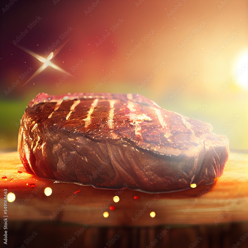Poster a steak is laying on a wooden table with a star in the background of the picture and a bright light 