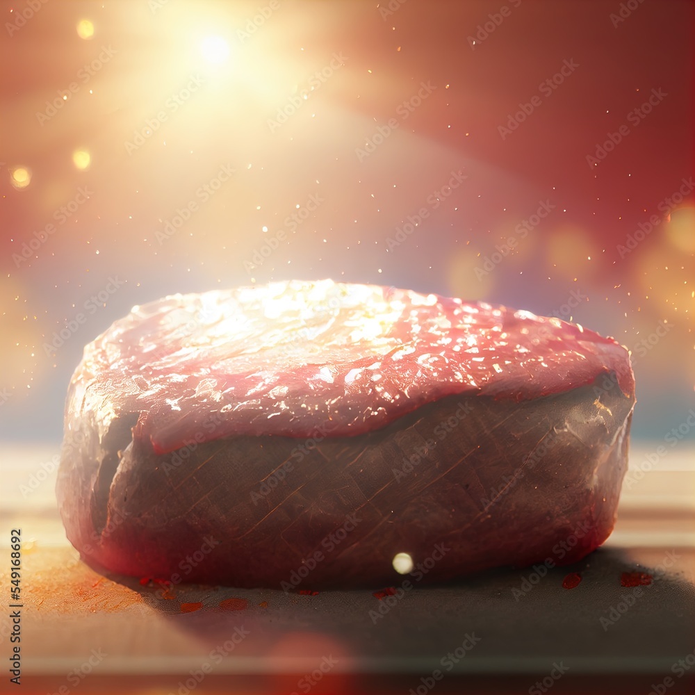 Poster a large piece of meat sitting on top of a table next to a red object with white spots on it generati