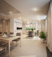 Luxury interior design in modern style. 3D visualization. Expensive finishing materials and furniture