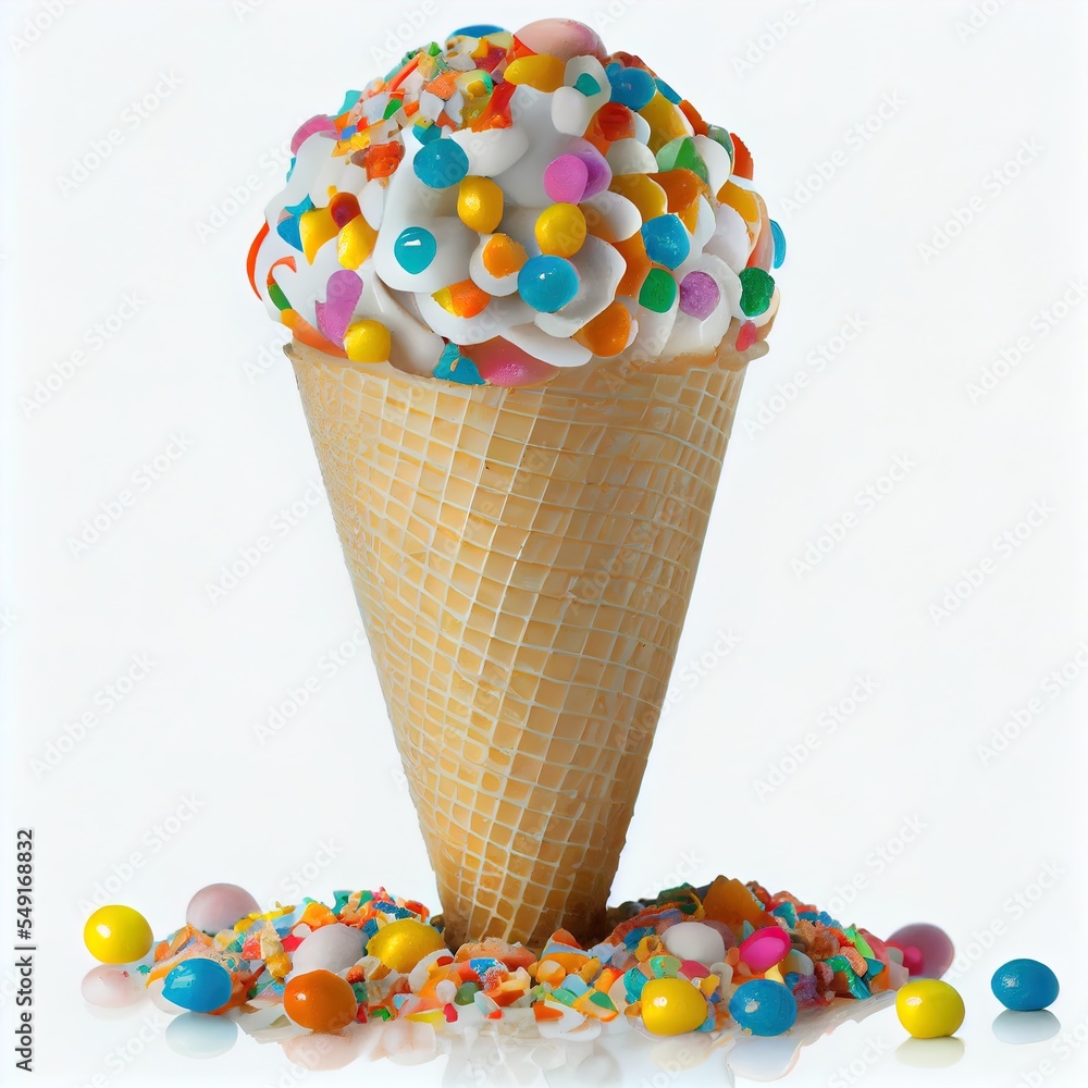 Aufkleber a cone of ice cream with sprinkles and candies on it generative ai