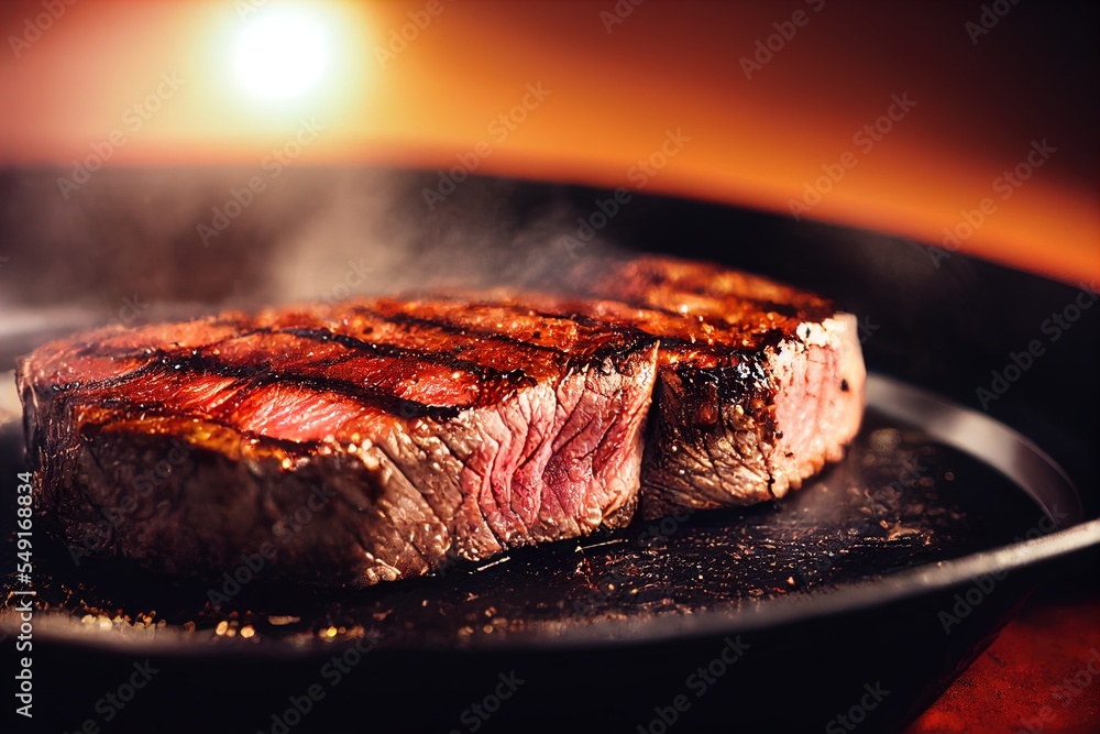Aufkleber a steak is cooking on a grill in a pan with a light shining on it and a red background generative ai