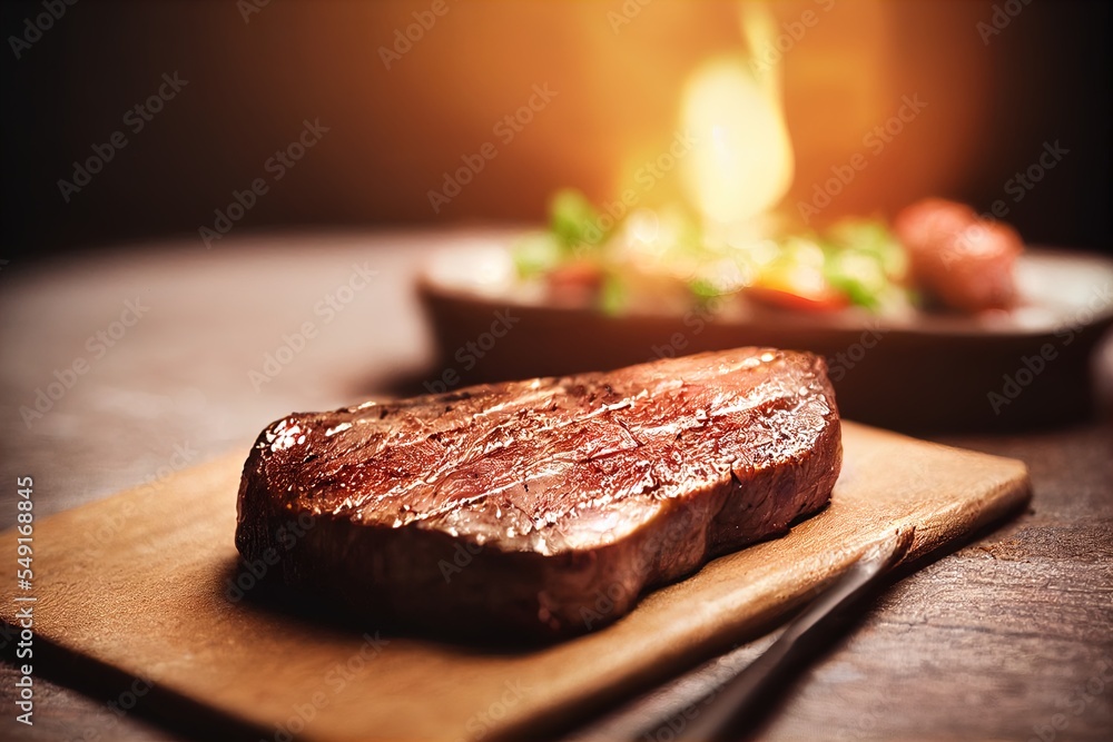 Poster a steak on a cutting board with a fork and a bowl of vegetables in the background on a table generat