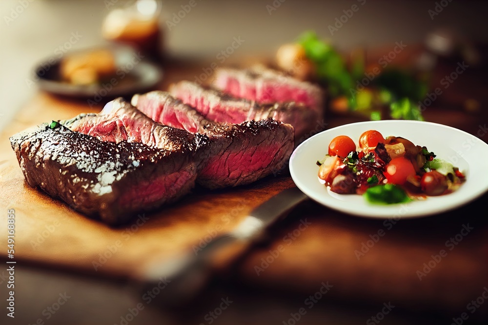 Poster a steak with a side of vegetables on a cutting board with a knife and fork on the side of the plate 
