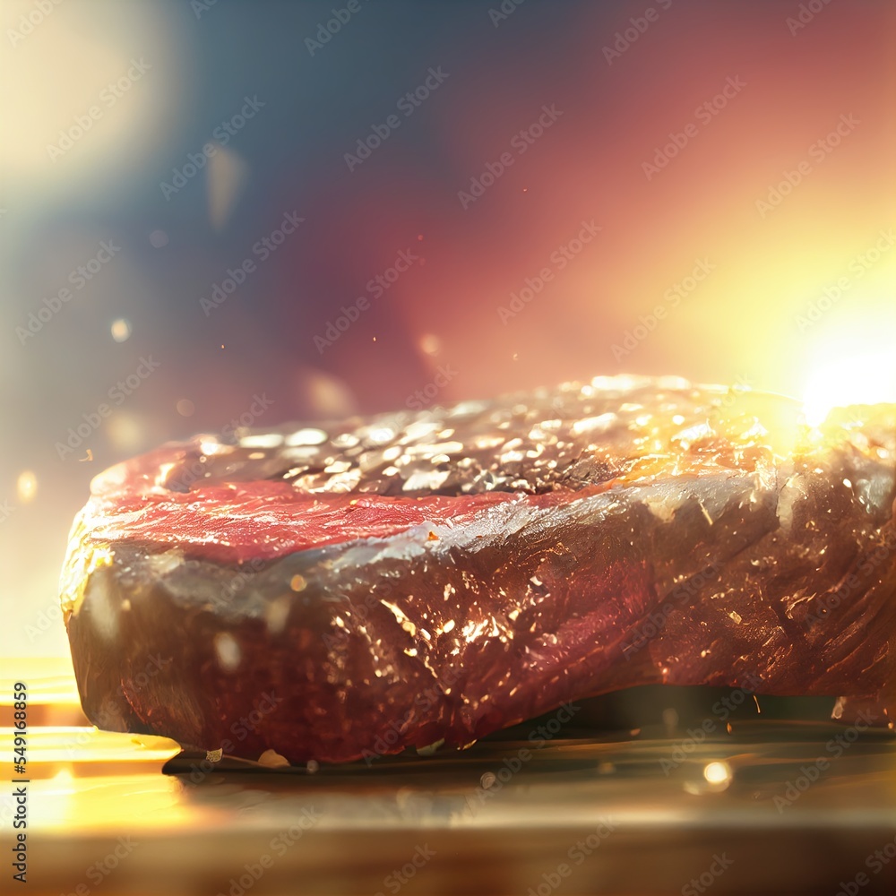Poster a steak steak on a table with a blurry background and a bright light coming from the top of it gener