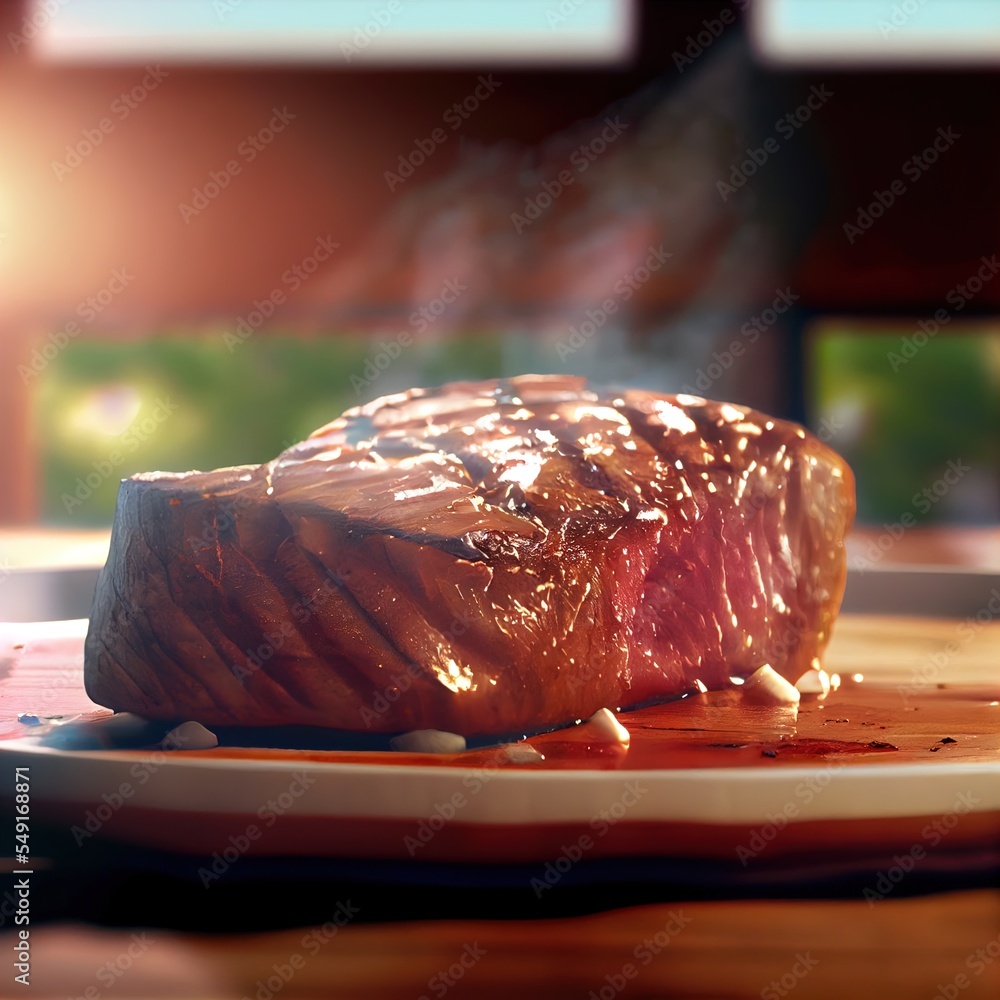 Poster a piece of meat on a plate with sauce on it and a fork in the background with a blurry window genera