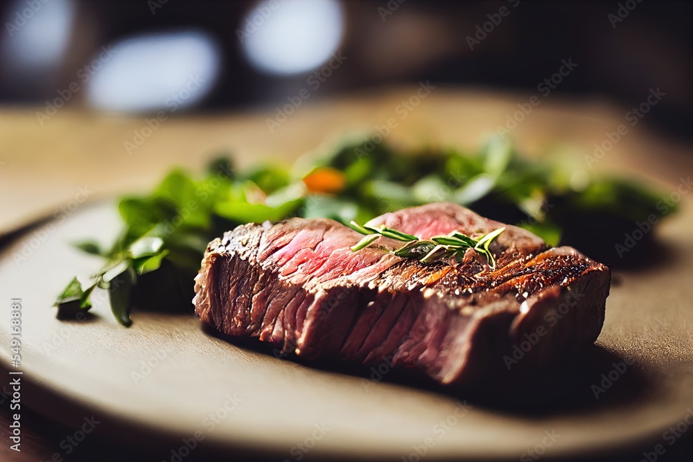 Poster a piece of steak on a plate with a side of greens on a table top with a fork and knife generative ai