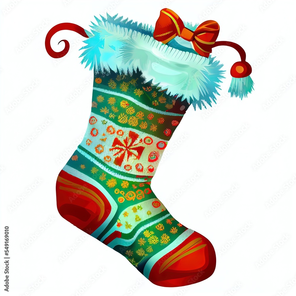 Poster a christmas stocking with a bow and a ribbon on it's side generative ai