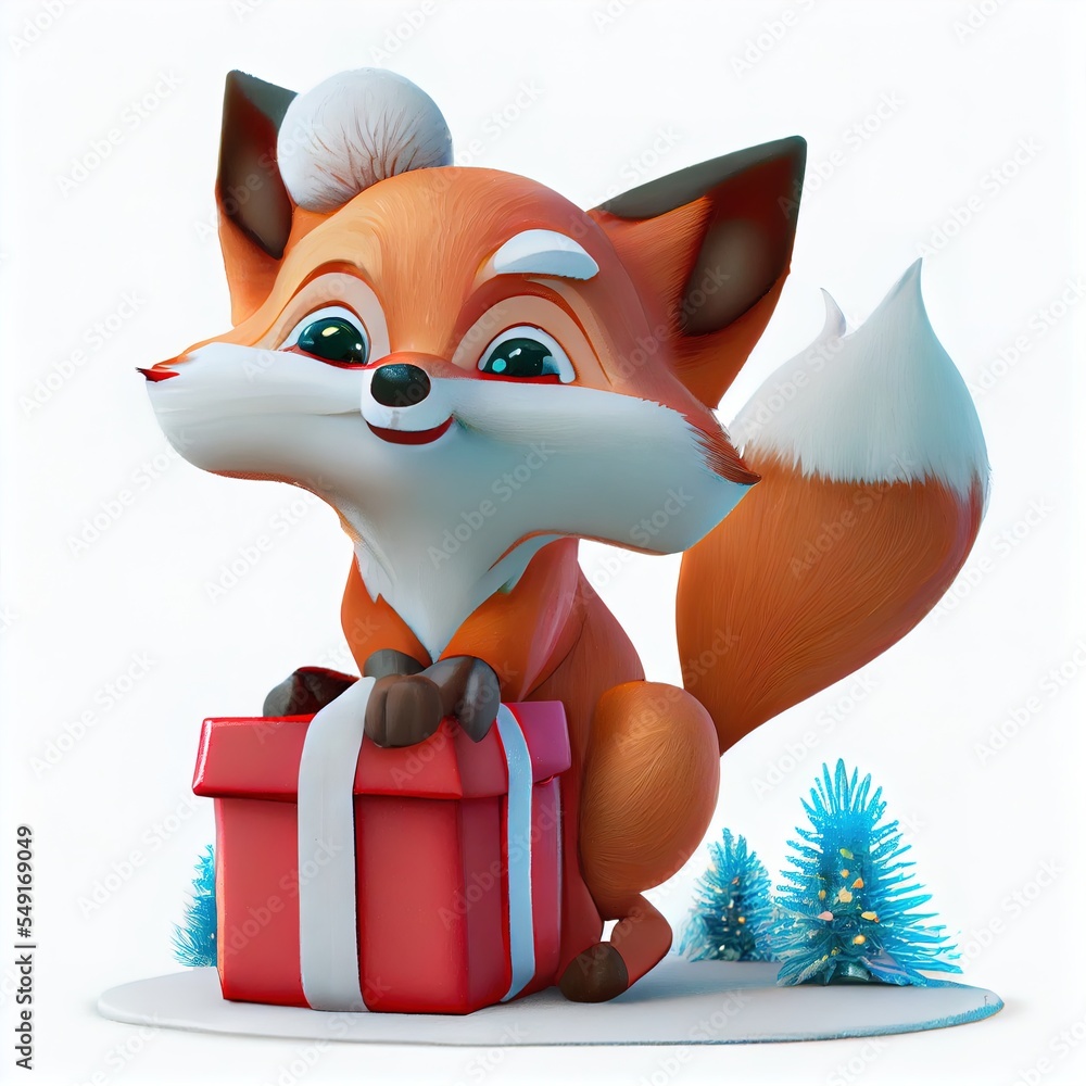 Poster a cartoon fox sitting on top of a red box with a christmas tree in the background and a gift box in 