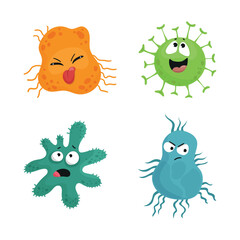 Collection of colorful bacteria and viruses with different emotions. Funny cartoon microbes.