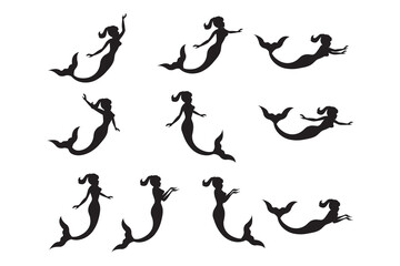 cute mermaid silhouette illustration set