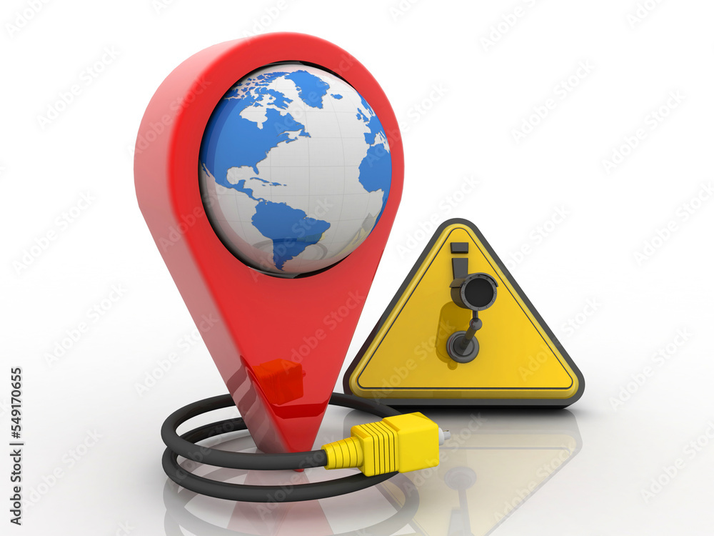 Poster 3d rendering red map pointer under cctv camera connected aux cable