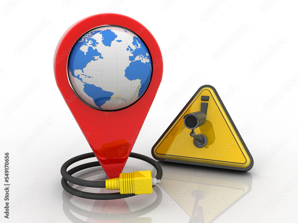 Poster 3d rendering red map pointer under cctv camera connected aux cable