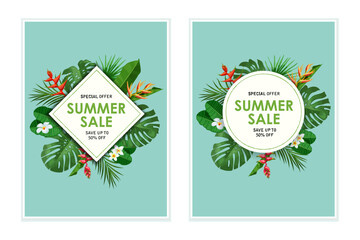 Vector tropical banners set with monstera, palm leaves and other exotic plants. Best for wedding or summer background, sale promotions and other seasonal things. Vector illustration.