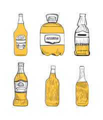 Collection of beer in sketch style. Hand drawings in art ink style. Black and white graphics.