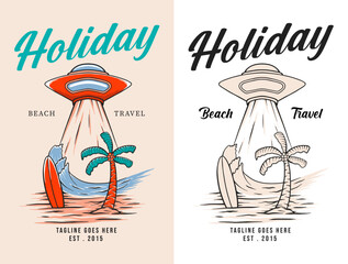 Alien ufo holiday on the beach vector illustration design with hand drawing style © Twenty One Studio