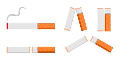 Set broken cigarette stop quit smoking on white background flat vector icon design.