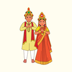 Odia Wedding Couple Greeting Namaste In Traditional Costume On Cosmic Latte Background.