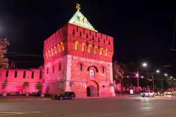 Fototapeta na wymiar Dmitrievskaya tower of the Nizhny Novgorod Kremlin in night illumination on August night. Nizhny Novgorod, Russia