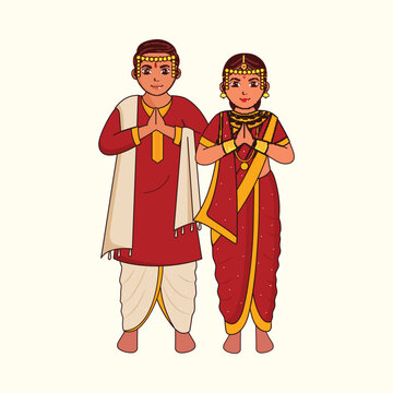 Maharashtrian Young Couple Wearing Wedding Dress In Namaste Pose Against Cosmic Latte Background.