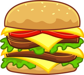 Cartoon Double Colorful Hamburger. Hand Drawn Illustration Isolated On Transparent Background