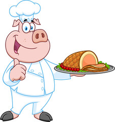 Happy Chef Pig Cartoon Mascot Character Holding Smoked Pork Or Meat Ham Sliced With Decoration On Tray. Hand Drawn Illustration Isolated On Transparent Background