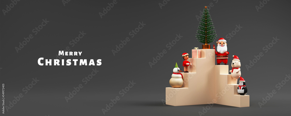 Wall mural Merry Christmas Celebration Banner Design With 3D Render Santa Claus, Polar Bear, Penguin, Snowman, Cute Boy Standing At Stairs And Xmas Tree On Dark Gray Background.