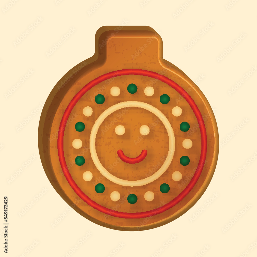 Sticker 3D Illustration Of Smiley Gingerbread Bauble On Cosmic Latte Background.