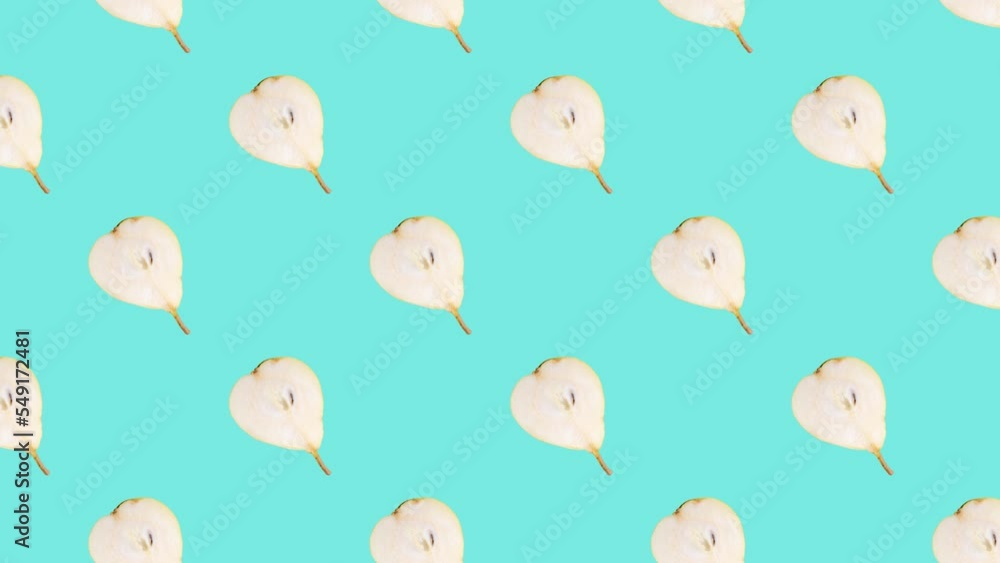 Poster pear slices in seamless loop pattern on a light blue background. exotic fruits in seamless loop anim