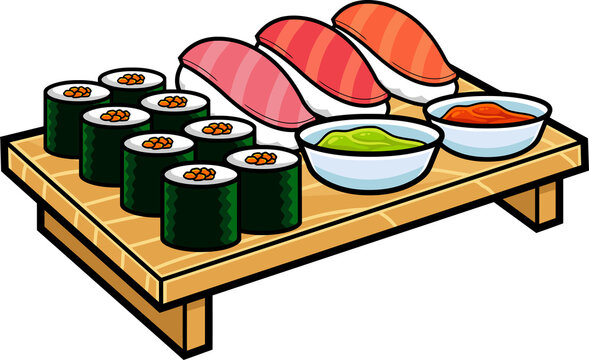 Cartoon Sushi Set Japanese Seafood Over Wooden Sushi Plate. Hand Drawn Illustration Isolated On Transparent Background
