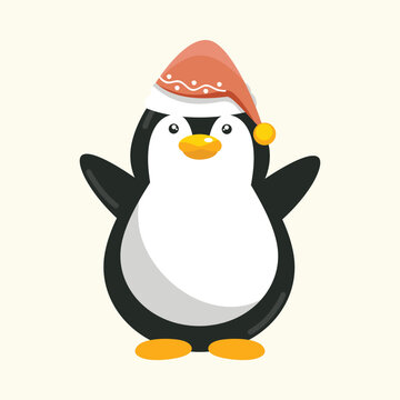 Isolated Penguin Wearing Beanie Cap On Cosmic Latte Background.