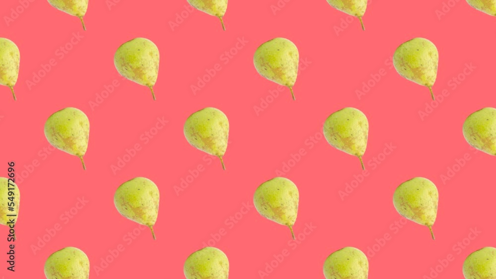 Poster pears in seamless loop pattern on a coral background. exotic fruits in seamless loop animation. endl